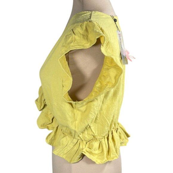 New FancyInn Cropped Top V-Neck Ruffle Mustard Yellow Size M Medium - Picture 2 of 5